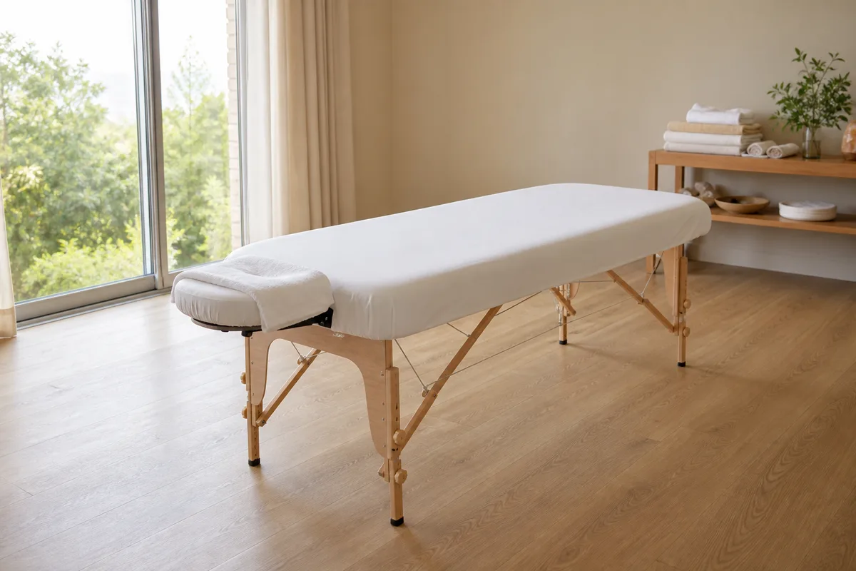 Table de massage pliante installée dans un séjour clair face à une grande fenêtre