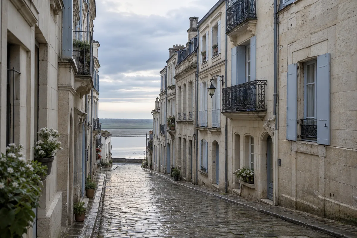 Rue nantaise calme au petit matin, façades claires et pavés humides