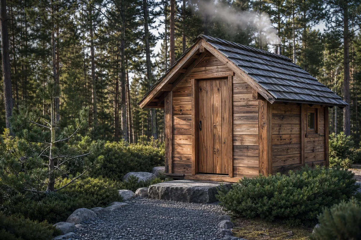 Cabane de sauna traditionnelle en bois dans un jardin nordique