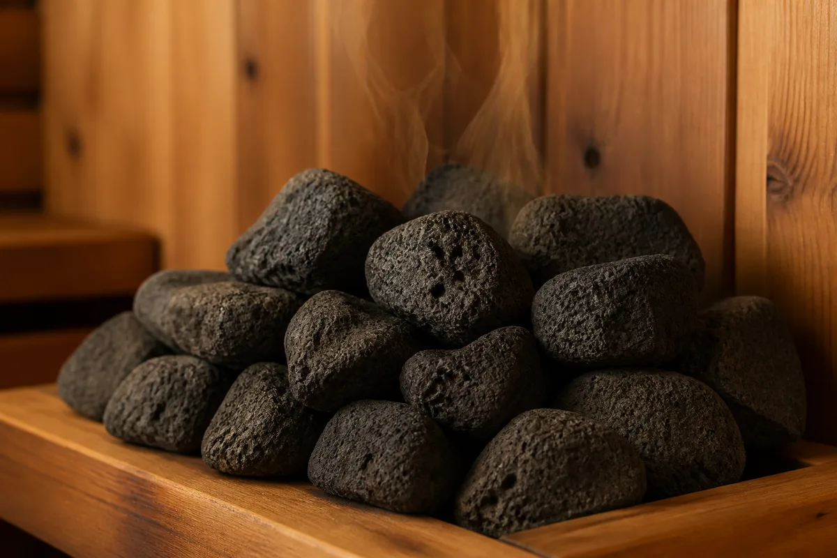 Pierres de sauna empilées sur une étagère en bois
