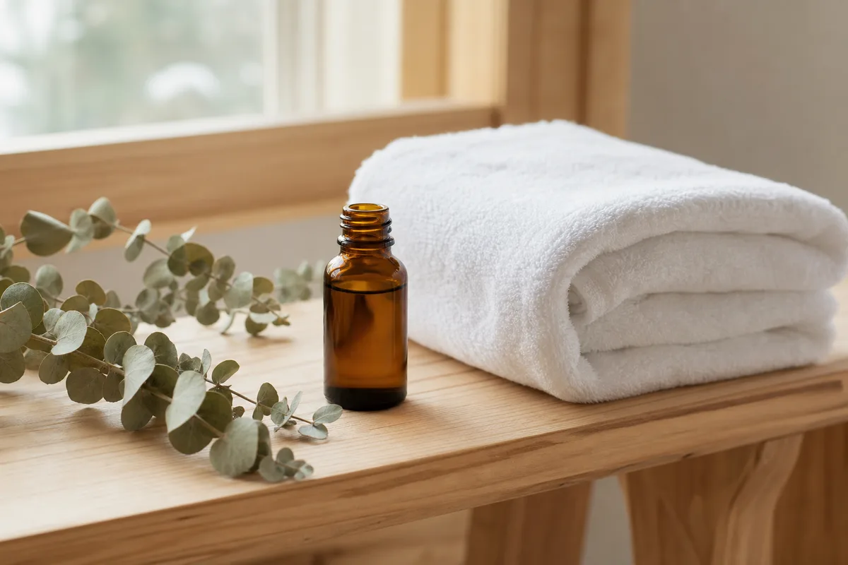 Serviette pliée et flacon d’huile essentielle après la séance