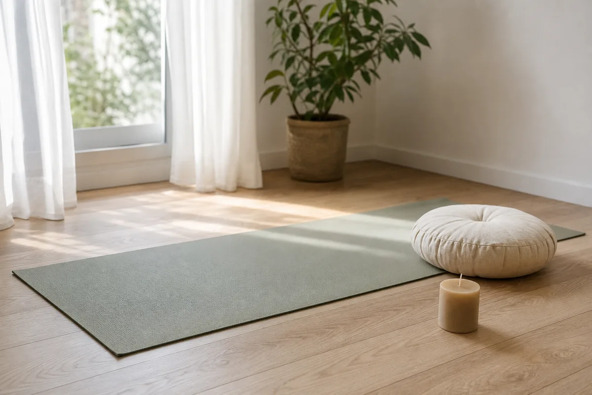 Coin yoga aménagé dans un salon lumineux avec tapis uni déroulé près d&rsquo;une fenêtre