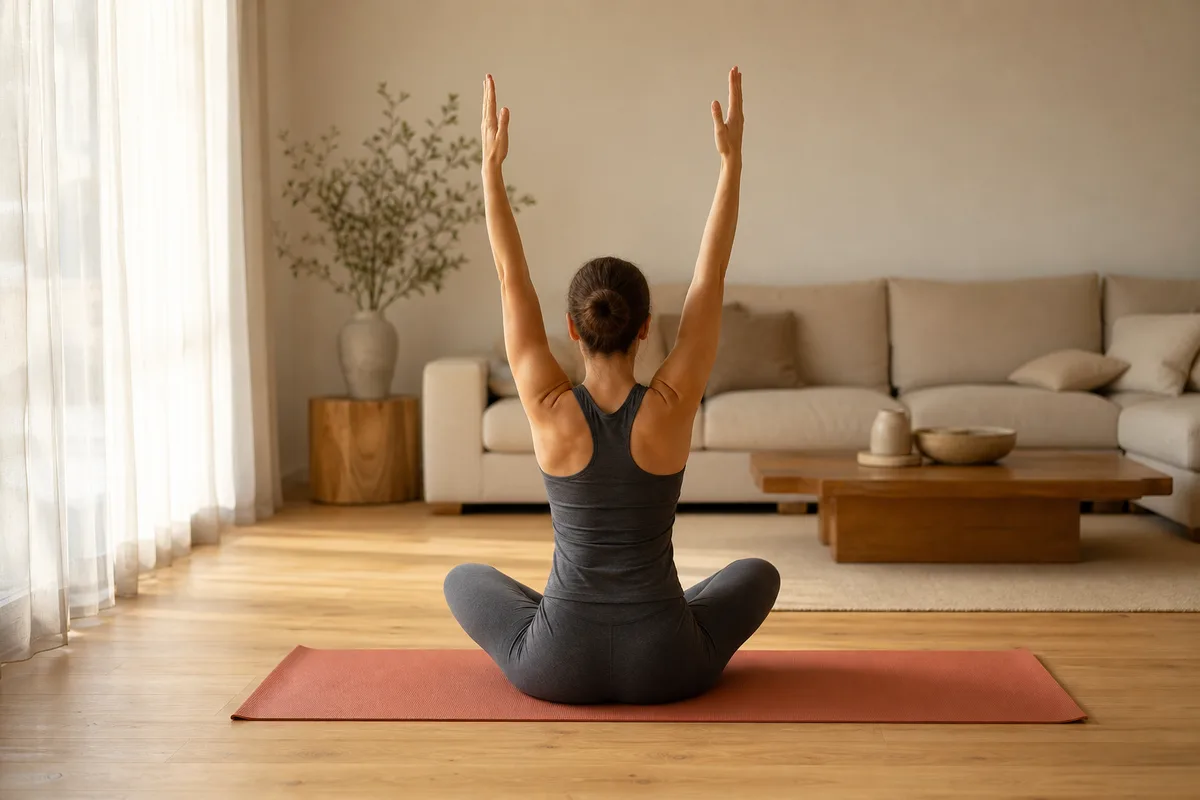 Pratiquante de dos en posture d&rsquo;étirement sur un tapis uni dans un salon clair