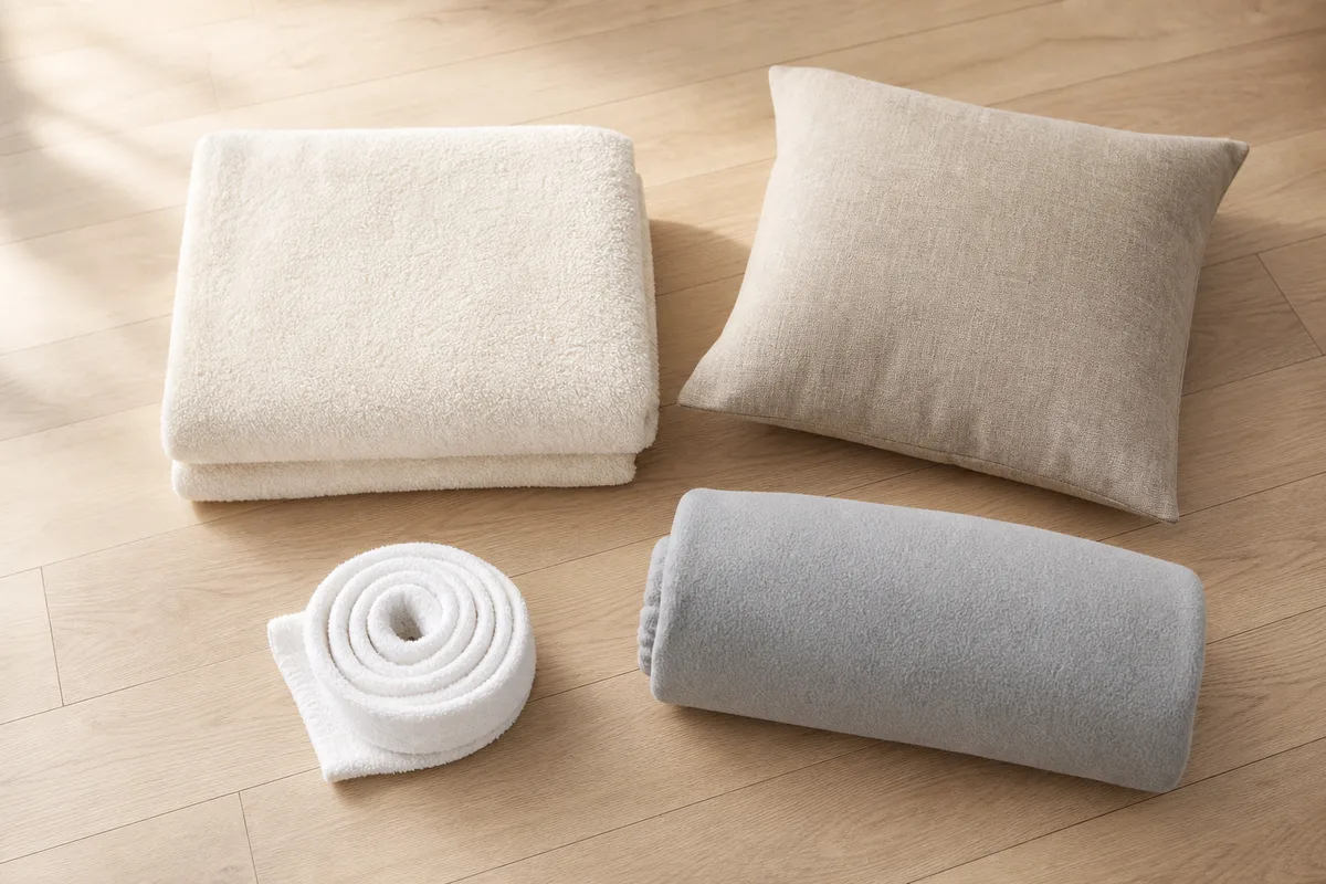 Serviette pliée, coussin ferme et ceinture de peignoir posés sur un parquet clair