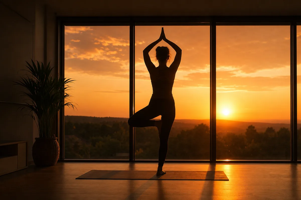 Silhouette en posture de yoga face à une grande fenêtre au coucher du soleil